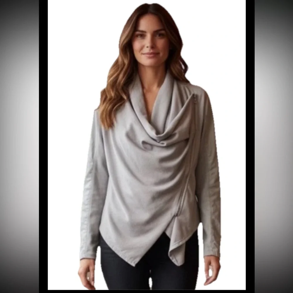 BL^NK NYC Gray Jacket Faux Leather Vegan Knit Moto Asymmetrical Zip Drapey